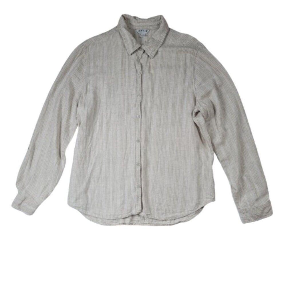 Orvis Women Linen Blend Button Down Shirt large Beige Striped Lightweight Top - Picture 2 of 9